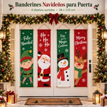 Banderines decorativos navideños para puerta con diseños surtidos de temporada. Medida aproximada de 38 x 110 cm, ideales para decorar entradas, puertas, negocios, ventanas, pasillos o espacios del hogar durante Navidad.