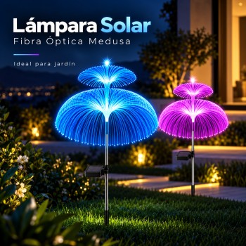 Lámpara solar decorativa de fibra óptica con doble efecto medusa. Ideal para jardín, patio, terraza y exteriores. Venta por mayoreo.