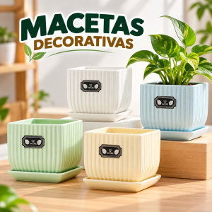 Maceta decorativa cuadrada con diseño acanalado y plato a juego. Disponible en colores surtidos, ideal para plantas y decoración. Venta por mayoreo.