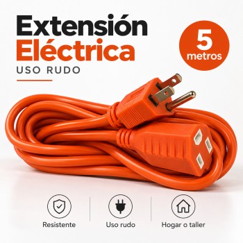 Extensión eléctrica de uso rudo de 5 metros, ideal para hogar, taller, negocio y herramientas. Cable naranja práctico y visible. Venta por mayoreo.