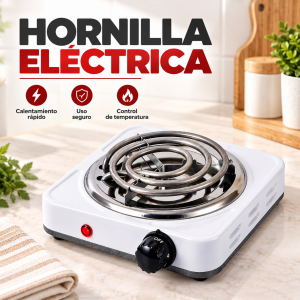 Hornilla eléctrica portátil de un quemador con resistencia en espiral, indicador luminoso y control de temperatura. Compacta y práctica. Venta por mayoreo.