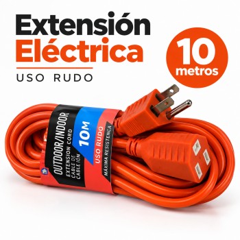 Extensión eléctrica de uso rudo de 10 metros, ideal para hogar, taller, negocio y herramientas. Cable naranja de alta visibilidad. Venta por mayoreo
