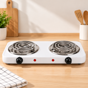 Parrilla eléctrica portátil con 2 quemadores, resistencias en espiral, controles independientes e indicadores luminosos. Venta por mayoreo.