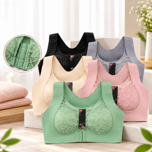 Chaleco bra sin costuras con encaje, tirantes anchos y broche frontal ajustable. Disponible en diferentes colores según existencia. Venta por mayoreo.