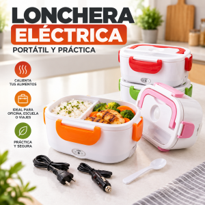 Lonchera eléctrica portátil para calentar alimentos, con tapa de seguridad, asa y cables de conexión. Práctica para oficina, trabajo y viajes. Venta por mayoreo.