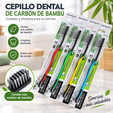 Cepillo dental con cerdas de carbón de bambú, ideal para limpieza bucal diaria. Producto práctico para uso personal o negocio. Venta por mayoreo.