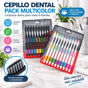 Pack de cepillos dentales multicolor para limpieza bucal diaria. Ideal para hogar, oficina, negocio, hotel o viaje. Venta por mayoreo