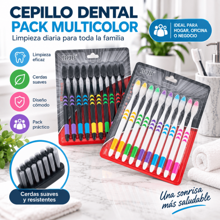 Pack de cepillos dentales multicolor para limpieza bucal diaria. Ideal para hogar, oficina, negocio, hotel o viaje. Venta por mayoreo