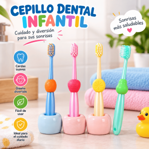 Cepillo dental infantil con base, diseño colorido y mango cómodo. Ideal para el cuidado bucal diario de niños. Venta por mayoreo.