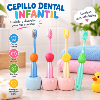 Cepillo dental infantil con base, diseño colorido y mango cómodo. Ideal para el cuidado bucal diario de niños. Venta por mayoreo.
