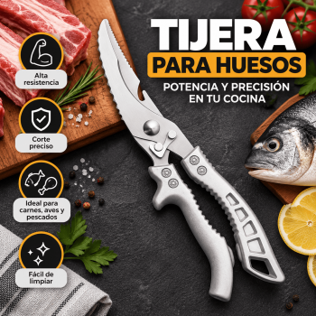 Tijera para huesos resistente, ideal para cortar carnes, aves y pescado en cocina, carnicería o negocio de alimentos. Venta por mayoreo.