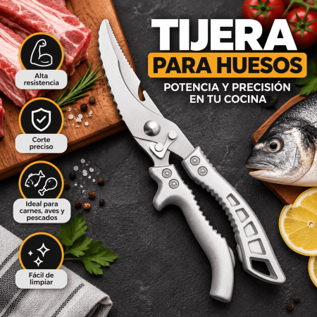 Tijera para huesos resistente, ideal para cortar carnes, aves y pescado en cocina, carnicería o negocio de alimentos. Venta por mayoreo.