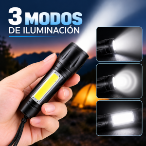 Linterna LED compacta con luz frontal, iluminación lateral y 3 modos de funcionamiento. Ideal para hogar, automóvil y actividades al aire libre. Venta por mayoreo.