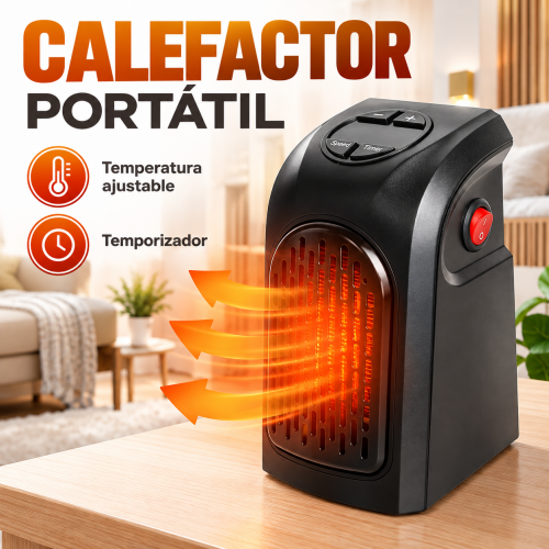 Calefactor eléctrico portátil con temperatura ajustable de 18 °C a 32 °C y temporizador de hasta 12 horas. Compacto y práctico. Venta por mayoreo.