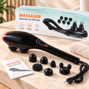 Masajeador eléctrico de mano con múltiples cabezales intercambiables y diseño ergonómico. Ideal para masaje corporal y relajación. Venta por mayoreo.
