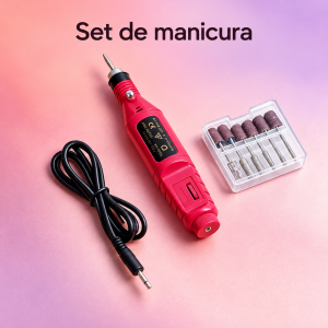 Set de manicura eléctrico con fresas, bandas abrasivas, estuche y cable de conexión. Complementa tu catálogo de belleza con venta por mayoreo.