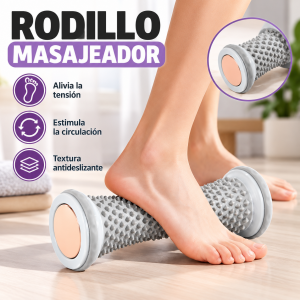 Rodillo masajeador para pies con superficie texturizada en relieve. Compacto y práctico para complementar rutinas de masaje y relajación. Venta por mayoreo.