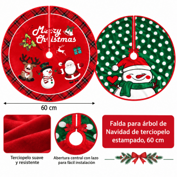 Falda navideña de terciopelo estampado de 60 cm para decorar la base del árbol de Navidad. Diseño festivo ideal para venta por mayoreo.