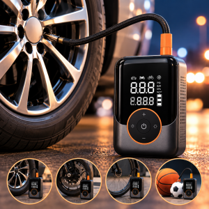 Compresor de aire portátil con pantalla digital para inflar llantas de auto, moto, bicicleta y otros artículos compatibles. Venta por mayoreo.