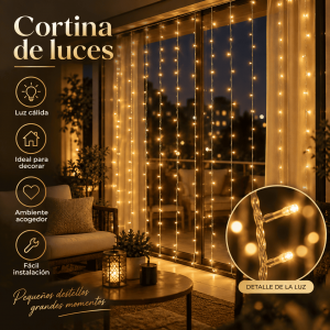 Cortina de luces LED con iluminación cálida, ideal para decorar ventanas, paredes, habitaciones, fiestas y eventos. Venta por mayoreo.