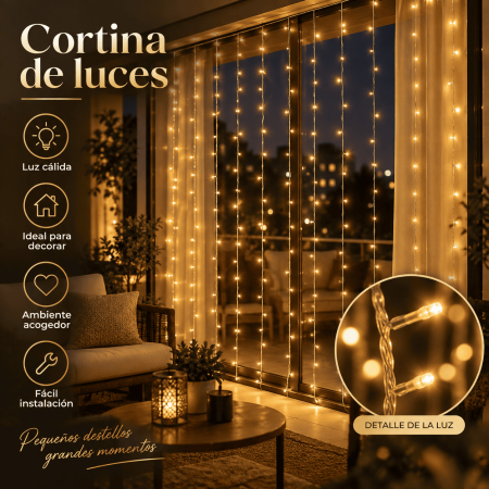 Cortina de luces LED con iluminación cálida, ideal para decorar ventanas, paredes, habitaciones, fiestas y eventos. Venta por mayoreo.