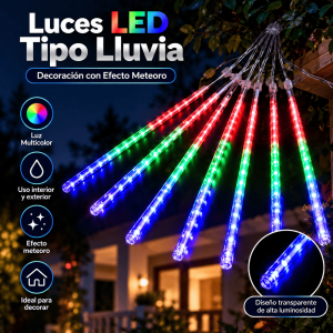 Luces LED multicolor en tubos con efecto tipo lluvia meteorito, ideales para decoración navideña, fiestas, fachadas y eventos. Venta por mayoreo.