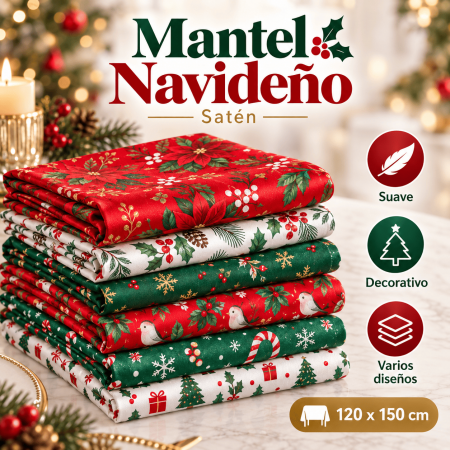 Mantel navideño de satén de 120 x 150 cm con estampados festivos variados, ideal para decorar mesas en celebraciones de temporada. Venta por mayoreo.