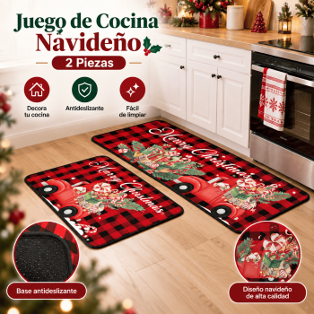 Juego de 2 tapetes decorativos para cocina con diseño navideño. Ideal para colocar frente a estufa, fregadero o zonas de paso y dar un toque festivo al hogar. Producto disponible por mayoreo.