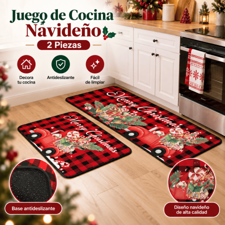 Juego de 2 tapetes decorativos para cocina con diseño navideño. Ideal para colocar frente a estufa, fregadero o zonas de paso y dar un toque festivo al hogar. Producto disponible por mayoreo.