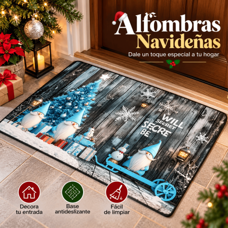 Alfombra decorativa con diseño navideño de gnomos, copos de nieve y detalles invernales. Ideal para entradas, pasillos y distintos espacios del hogar. Producto disponible por mayoreo.