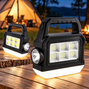 Lámpara LED portátil multifuncional con panel frontal, linterna lateral y práctico mango. Ideal para camping, emergencias y hogar. Venta por mayoreo.