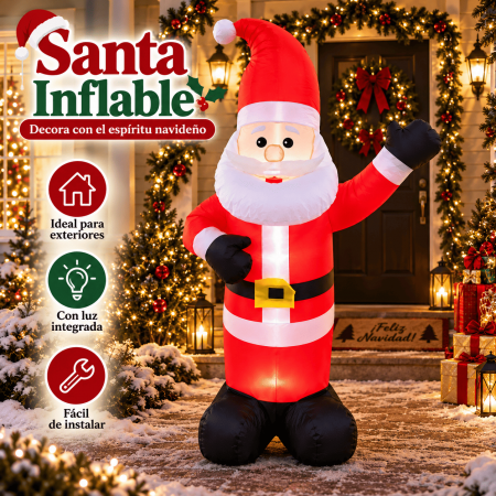 Santa Claus inflable decorativo, ideal para ambientar entradas, hogares, negocios y espacios durante la temporada navideña. Venta por mayoreo.