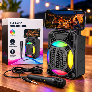 Bocina portátil multimedia con luces LED multicolor, soporte para celular y micrófono. Ideal para música, karaoke y reuniones. Venta por mayoreo.