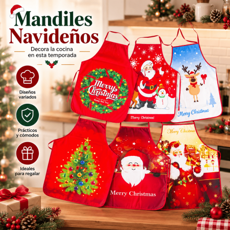 Delantal decorativo con diseños navideños variados, ideal para cocinar, hornear o utilizar durante reuniones y celebraciones de temporada. Producto disponible por mayoreo.