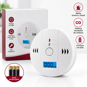 Detector de monóxido de carbono a pilas con pantalla digital, indicadores y botón de prueba/reinicio. Presentación en caja para venta por mayoreo.