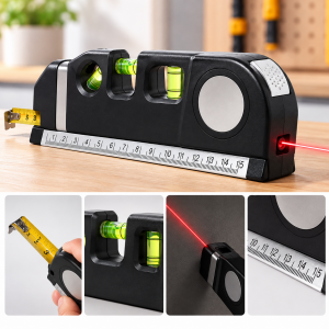 Nivel láser multifuncional con cinta métrica, regla graduada y niveles de burbuja. Práctico para medición, instalación y bricolaje. Venta por mayoreo.