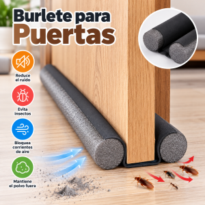 Burlete doble para colocar debajo de la puerta. Ayuda a bloquear corrientes de aire, polvo e insectos y reducir el paso de ruido. Venta por mayoreo.