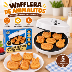 Wafflera de animalitos compacta y práctica para preparar waffles con figuras divertidas. Ideal para desayunos y meriendas. Disponible por mayoreo.