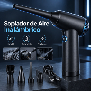Soplador de aire inalámbrico recargable con boquillas intercambiables y cable USB. Ideal para limpiar teclados, computadoras, cámaras y autos. Disponible por mayoreo.
