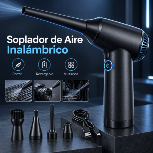Soplador de aire inalámbrico recargable con boquillas intercambiables y cable USB. Ideal para limpiar teclados, computadoras, cámaras y autos. Disponible por mayoreo.