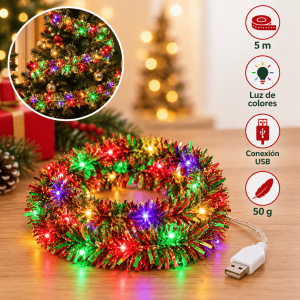 Tira de luces navideñas USB de 5 metros con iluminación multicolor y peso aproximado de 50 g. Ideal para decoración de temporada. Venta por mayoreo.