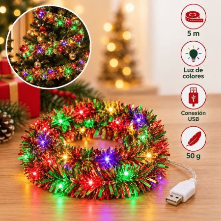 Tira de luces navideñas USB de 5 metros con iluminación multicolor y peso aproximado de 50 g. Ideal para decoración de temporada. Venta por mayoreo.