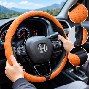 Funda para volante de automóvil con superficie texturizada y diseño deportivo bicolor. Cómoda, práctica y de fácil colocación. Venta por mayoreo.