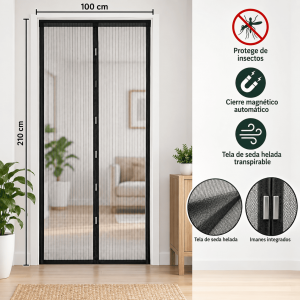 Cortina antimosquitos para puerta de 100 x 210 cm con malla ligera y cierre magnético central. Ideal para hogar y espacios interiores. Venta por mayoreo.
