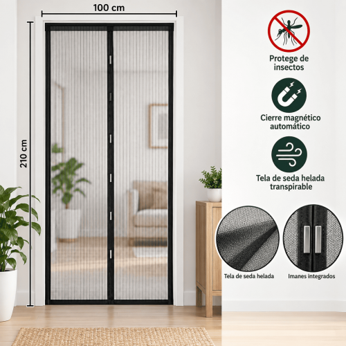 Cortina antimosquitos para puerta de 100 x 210 cm con malla ligera y cierre magnético central. Ideal para hogar y espacios interiores. Venta por mayoreo.