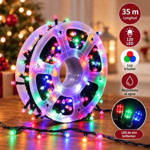 Serie de luces LED multicolor de 35 metros con 120 LED, ideal para decoración navideña, fiestas y eventos. Venta por mayoreo.