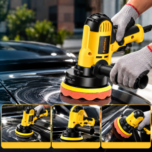 Pulidora eléctrica para automóvil con mango auxiliar y esponja de pulido. Práctica para detallado, mantenimiento y cuidado de superficies. Venta por mayoreo.