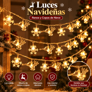 Serie de luces navideñas LED con figuras de reno y copo de nieve e iluminación cálida. Ideal para decoración de temporada. Venta por mayoreo.