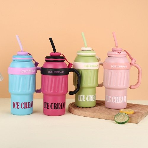 Termo vaso portatil con asa y popote ICE CREAM de acero inoxidable 1000ml 883283