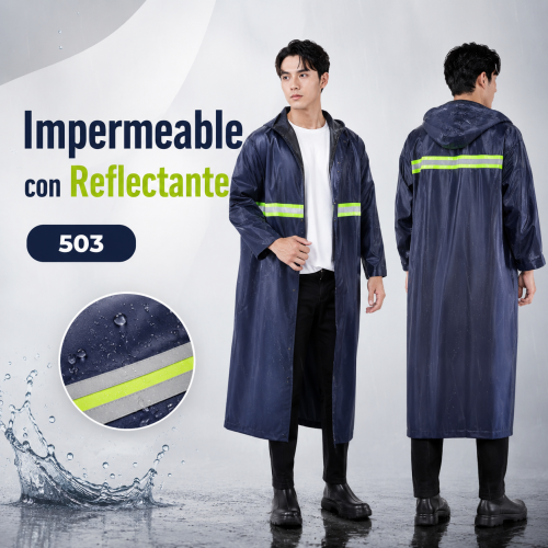 Impermeable largo azul con capucha y franjas reflectantes. Ideal para protección durante la lluvia. Venta por mayoreo
